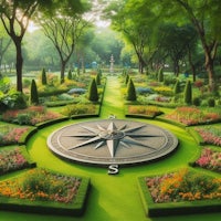 a garden with a compass in the middle of it